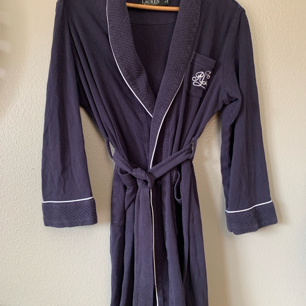 Ralph Lauren Blue Plush Robe with Shawl Collar and Tie Belt